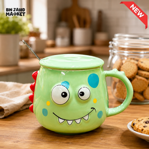 CARTOON DINOSAUR CERAMIC MUG WITH LID & SPOON - GREEN