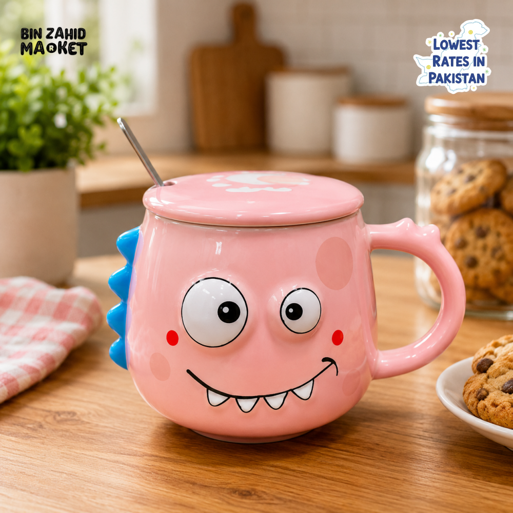 CARTOON DINOSAUR CERAMIC MUG WITH LID & SPOON - PINK