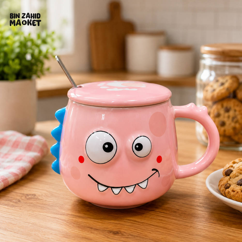 CARTOON DINOSAUR CERAMIC MUG WITH LID & SPOON - PINK