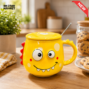 CARTOON DINOSAUR CERAMIC MUG WITH LID & SPOON - YELLOW