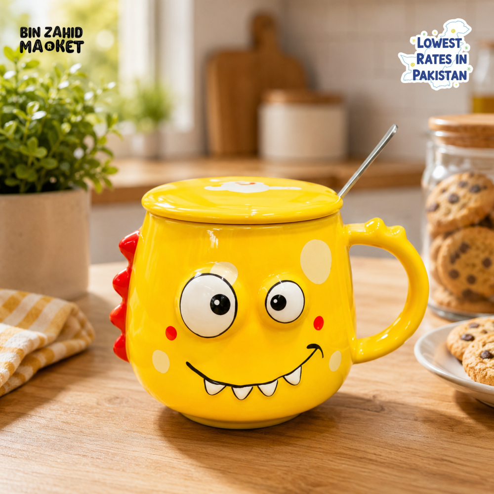 CARTOON DINOSAUR CERAMIC MUG WITH LID & SPOON - YELLOW