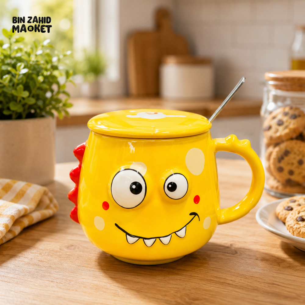CARTOON DINOSAUR CERAMIC MUG WITH LID & SPOON - YELLOW