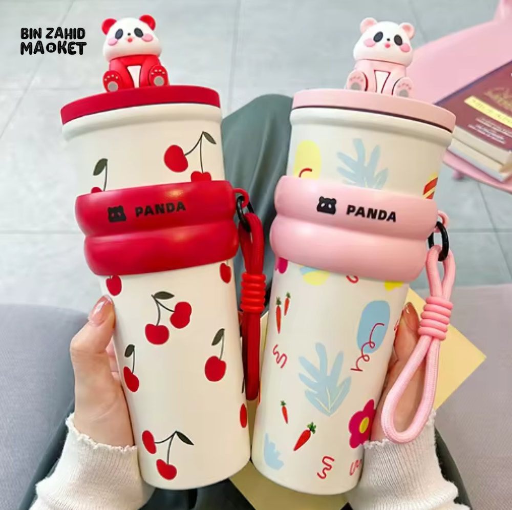 CARTOON PANDA THERMOS – STAINLESS STEEL VACUUM FLASK WITH LIFTING ROPE DIRECT DRINKING CUP & GIFT FOR STUDENTS