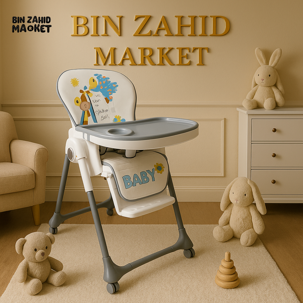 CARTOON PRINTED BABY HIGH CHAIR WITH WHEELS – RECLINABLE FEEDING CHAIR & ADJUSTABLE TRAY - GREY