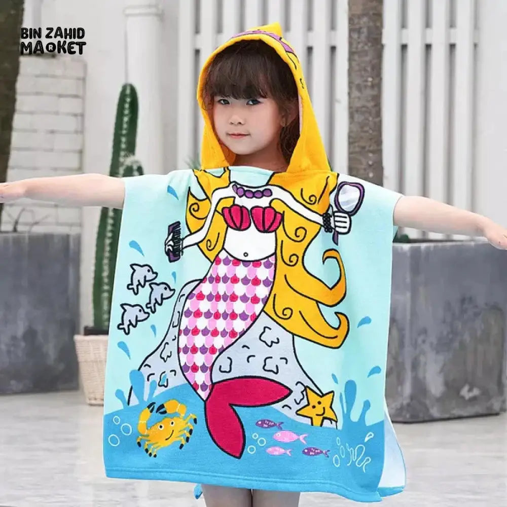 CARTOON PRINTED KIDS HOODED BATHROBE Mermaid 1-5 Years Of Kids
