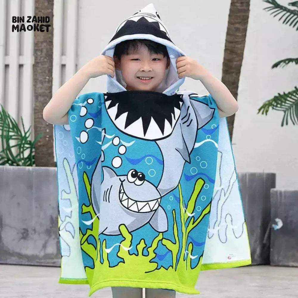 CARTOON PRINTED KIDS HOODED BATHROBE Shark 1-5 Years Of Kids