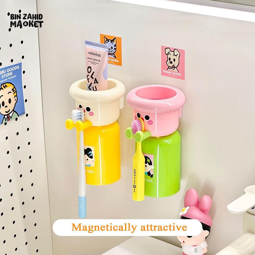 CARTOON TOOTHBRUSH HOLDER WITH GARGLE CUP – PUNCH-FREE WALL-MOUNTED BATHROOM ORGANIZER