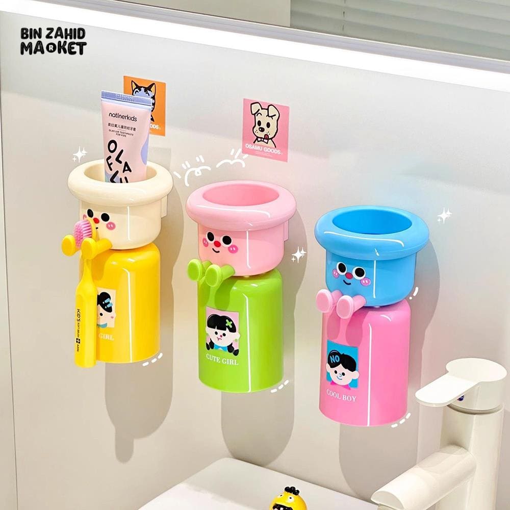 CARTOON TOOTHBRUSH HOLDER WITH GARGLE CUP – PUNCH-FREE WALL-MOUNTED BATHROOM ORGANIZER