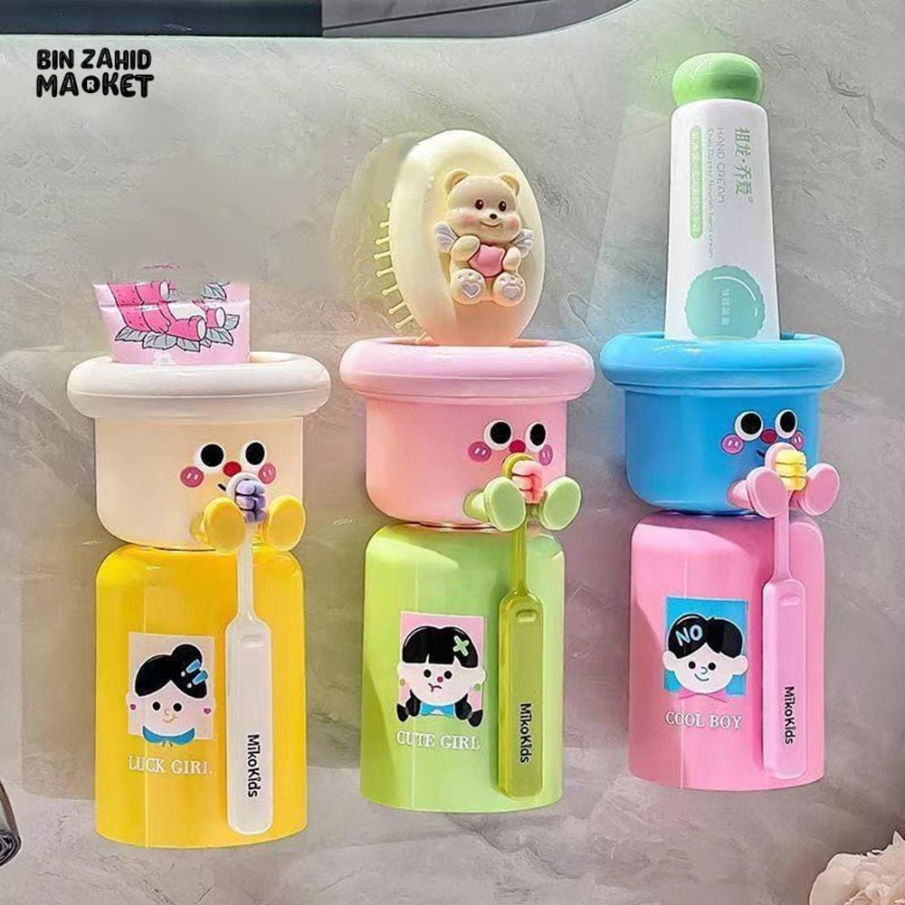 CARTOON TOOTHBRUSH HOLDER WITH GARGLE CUP – PUNCH-FREE WALL-MOUNTED BATHROOM ORGANIZER