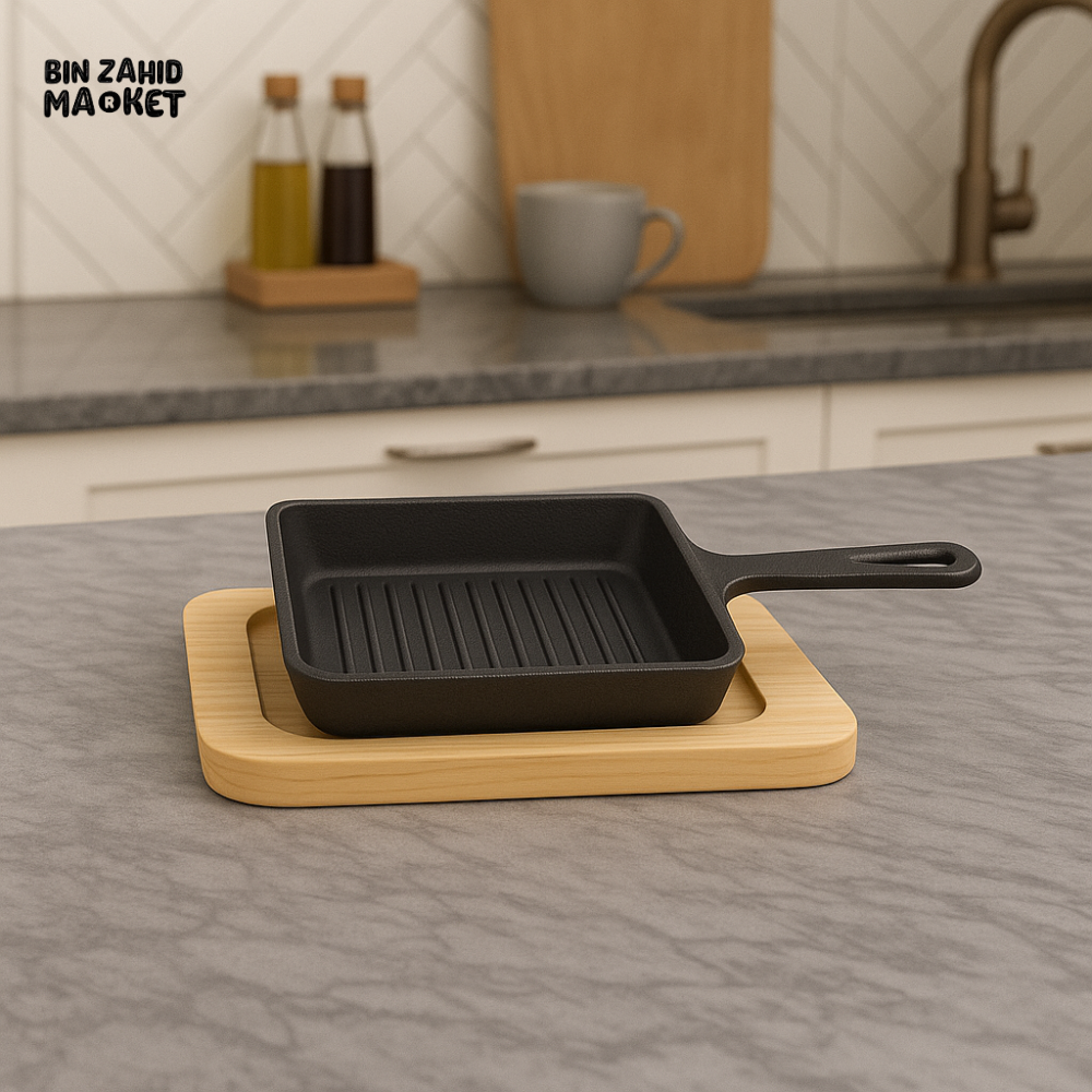 CAST IRON SIZZLER GRILL PAN WITH STEAK – PREMIUM KITCHEN SERVING SET
