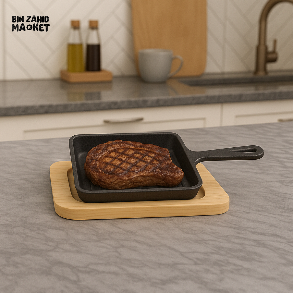 CAST IRON SIZZLER GRILL PAN WITH STEAK – PREMIUM KITCHEN SERVING SET