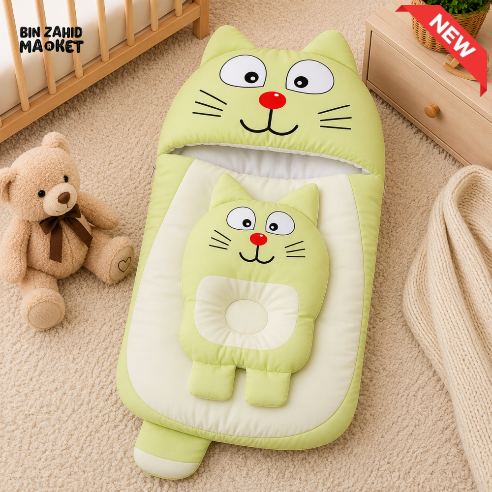 CAT DESIGN COTTON POLYESTER BABY SLEEPING BAG WITH MATCHING PILLOW - GREEN