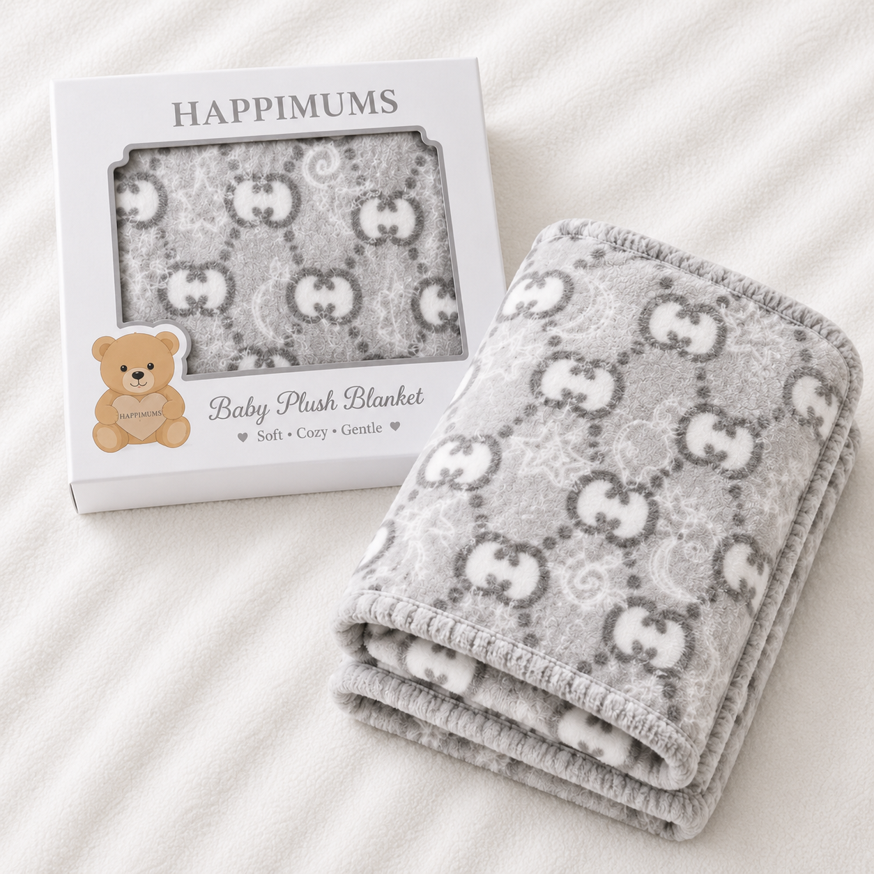 HAPPIMUMS BABY PLUSH SLEEPING BLANKET DOUBLE PLY LITTLE BEAR PATTERN 110 x 80 - GREY