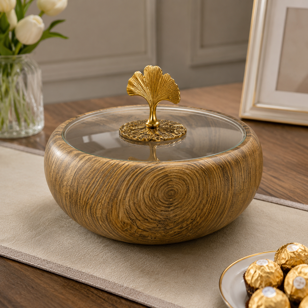 DECORATIVE WOOD GRAIN STORAGE BOWL WITH GLASS LID