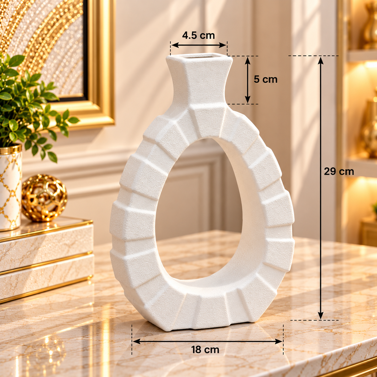 WHITE LARGE OVAL RIBBED OPEN CENTER DECORATIVE VASE - LARGE