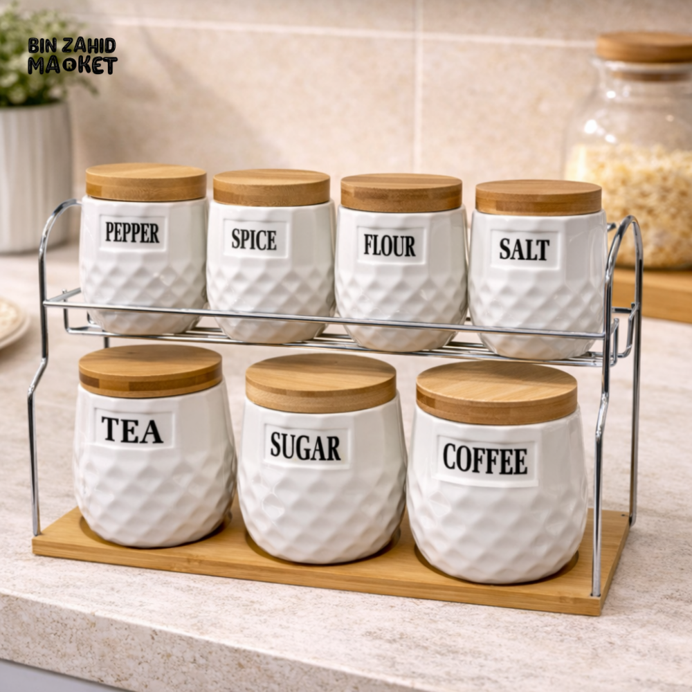 CERALUXE 8 PIECE KITCHEN STORAGE JAR SET WITH METAL RACK & BAMBOO BASE