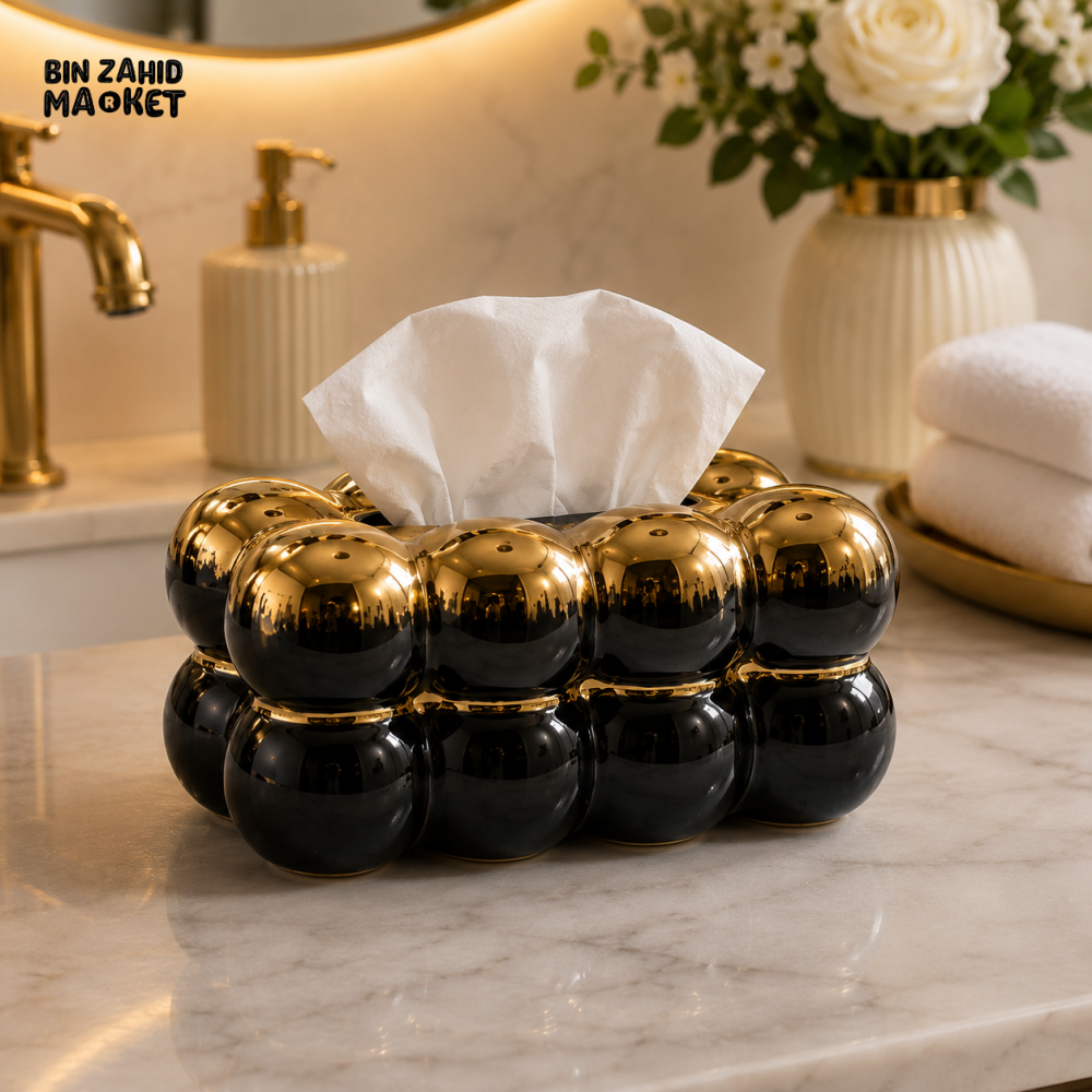 CERALUXE BUBBLE CERAMIC TISSUE BOX HOLDER – BLACK & GOLD