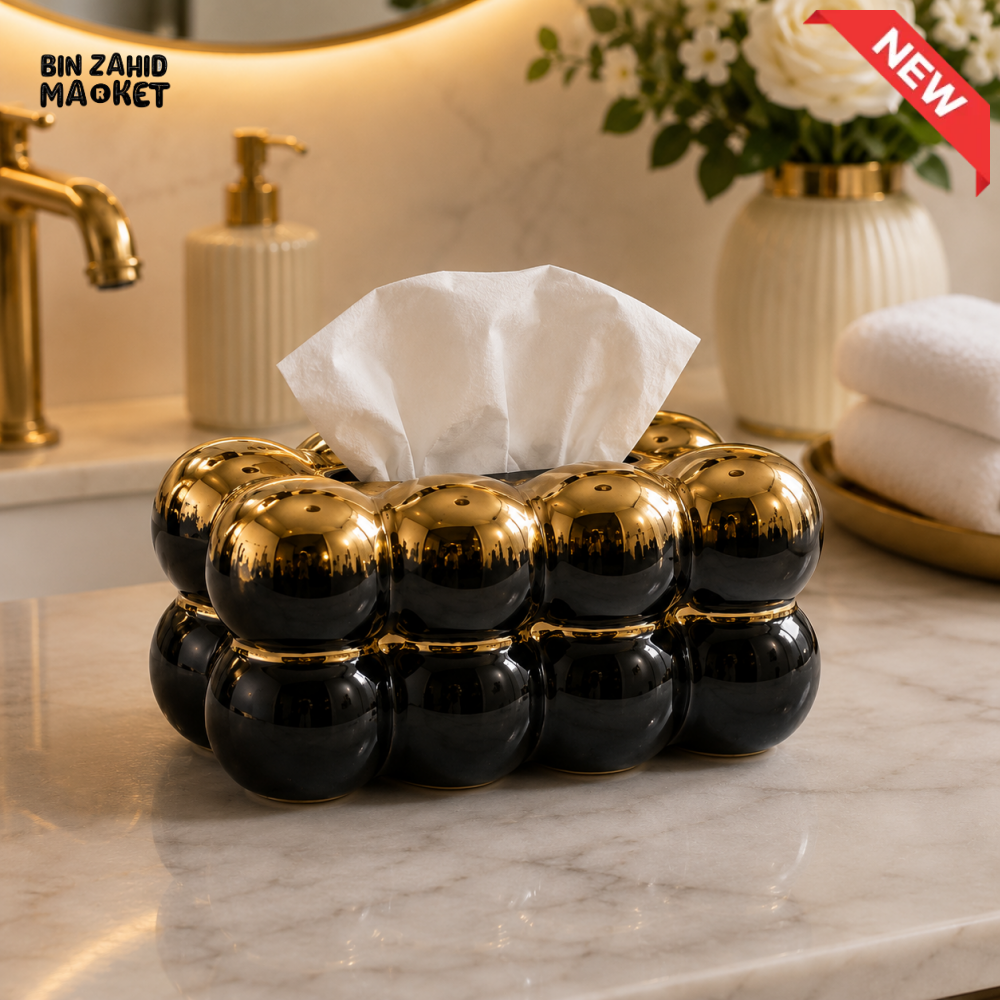 CERALUXE BUBBLE CERAMIC TISSUE BOX HOLDER – BLACK & GOLD