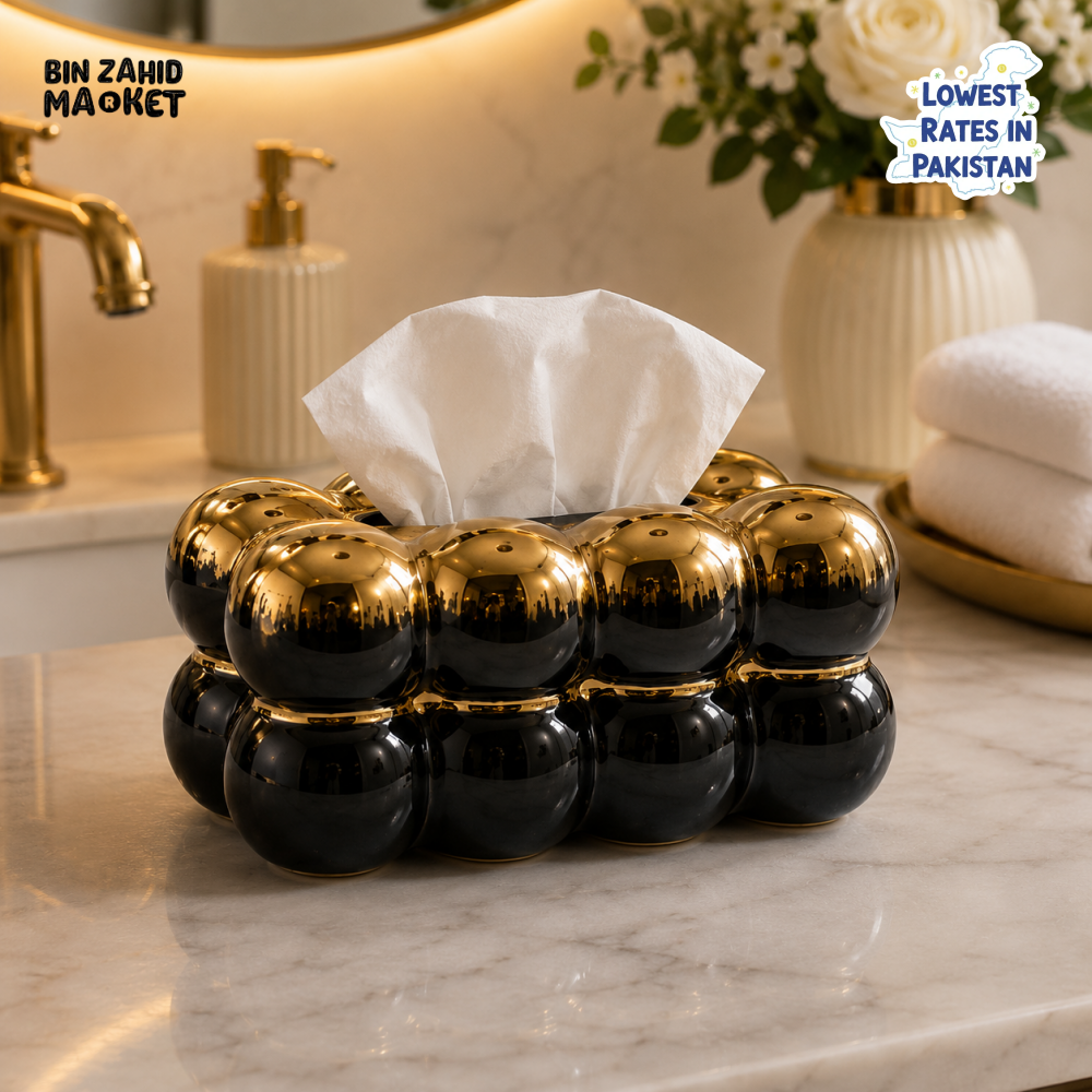 CERALUXE BUBBLE CERAMIC TISSUE BOX HOLDER – BLACK & GOLD