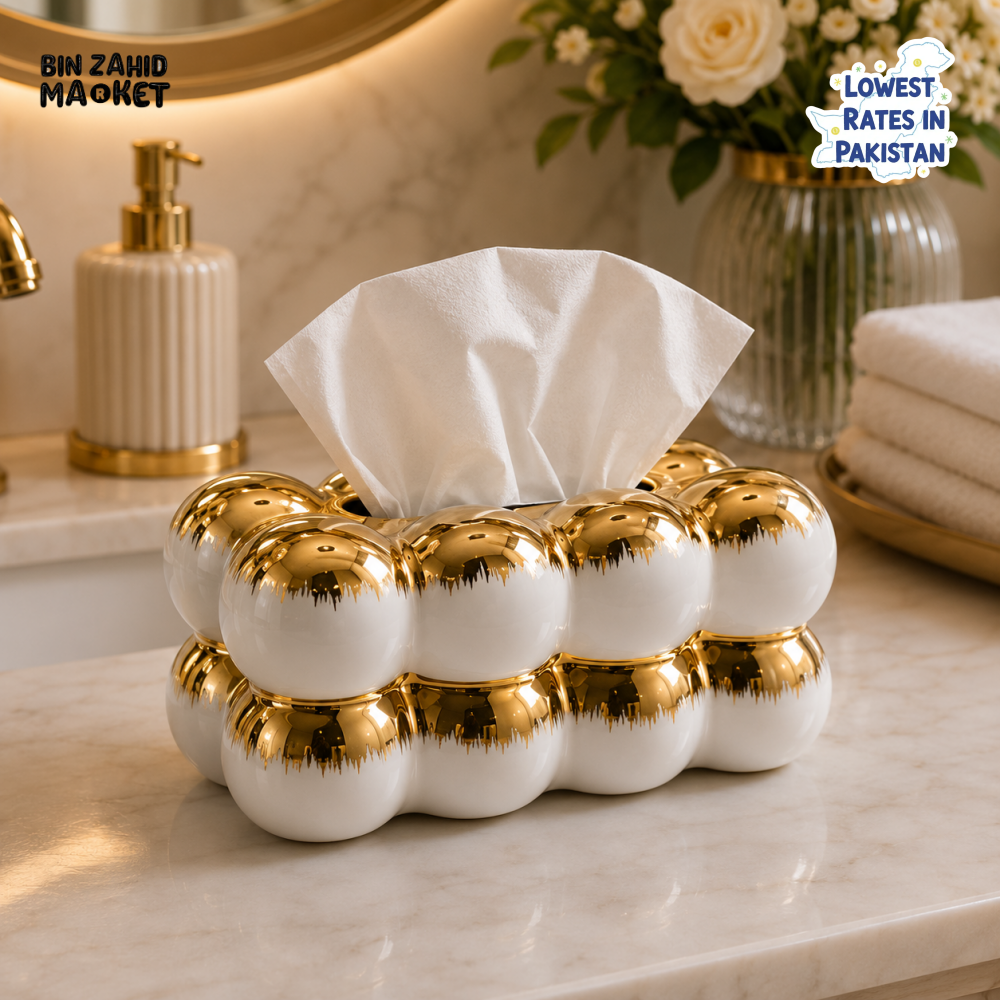 CERALUXE BUBBLE CERAMIC TISSUE BOX HOLDER – WHITE&GOLD