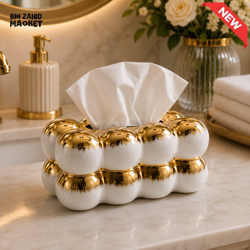 CERALUXE BUBBLE CERAMIC TISSUE BOX HOLDER – WHITE&GOLD