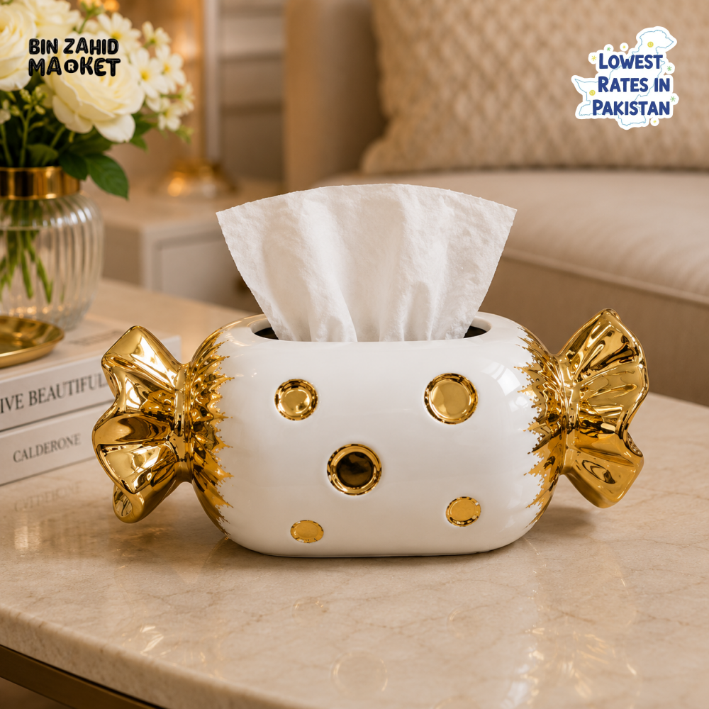 LUXURY CANDY SHAPE CERAMIC TISSUE BOX HOLDER – WHITE & GOLD