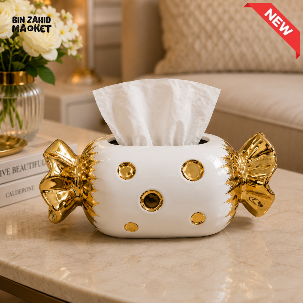 LUXURY CANDY SHAPE CERAMIC TISSUE BOX HOLDER – WHITE & GOLD