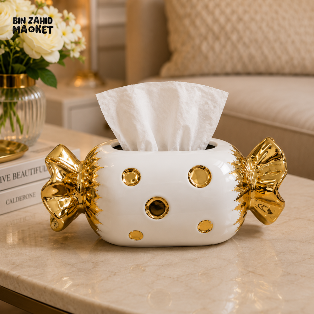 LUXURY CANDY SHAPE CERAMIC TISSUE BOX HOLDER – WHITE & GOLD