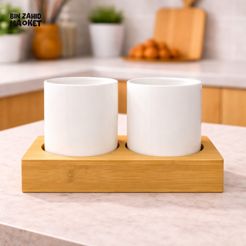 CERALUXE CERAMIC 2IN1 PLAIN UTENSIL & SPOON HOLDER SET WITH BAMBOO BASE