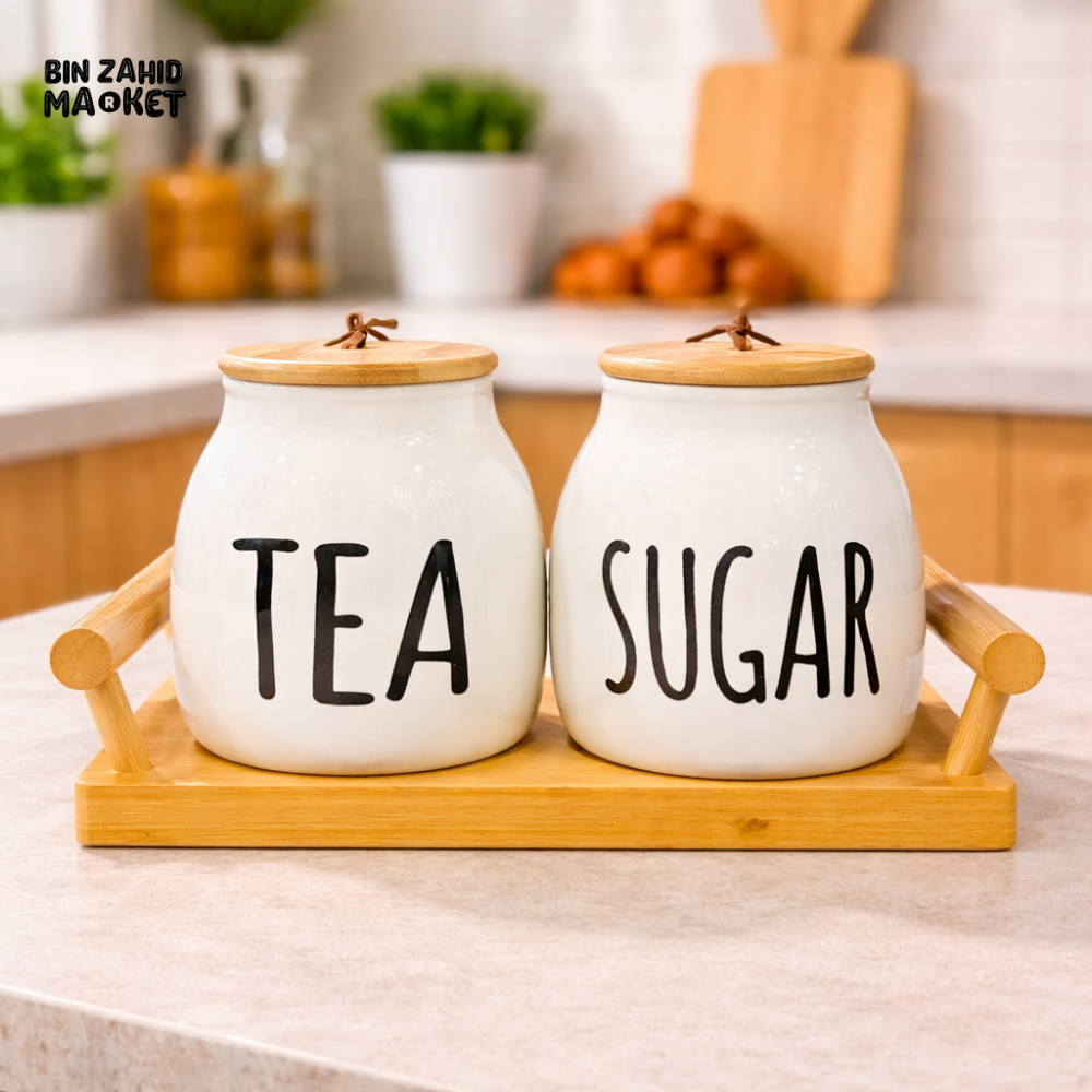 CERALUXE CERAMIC 2IN1 TEA & SUGAR JAR SET WITH BAMBOO TRAY