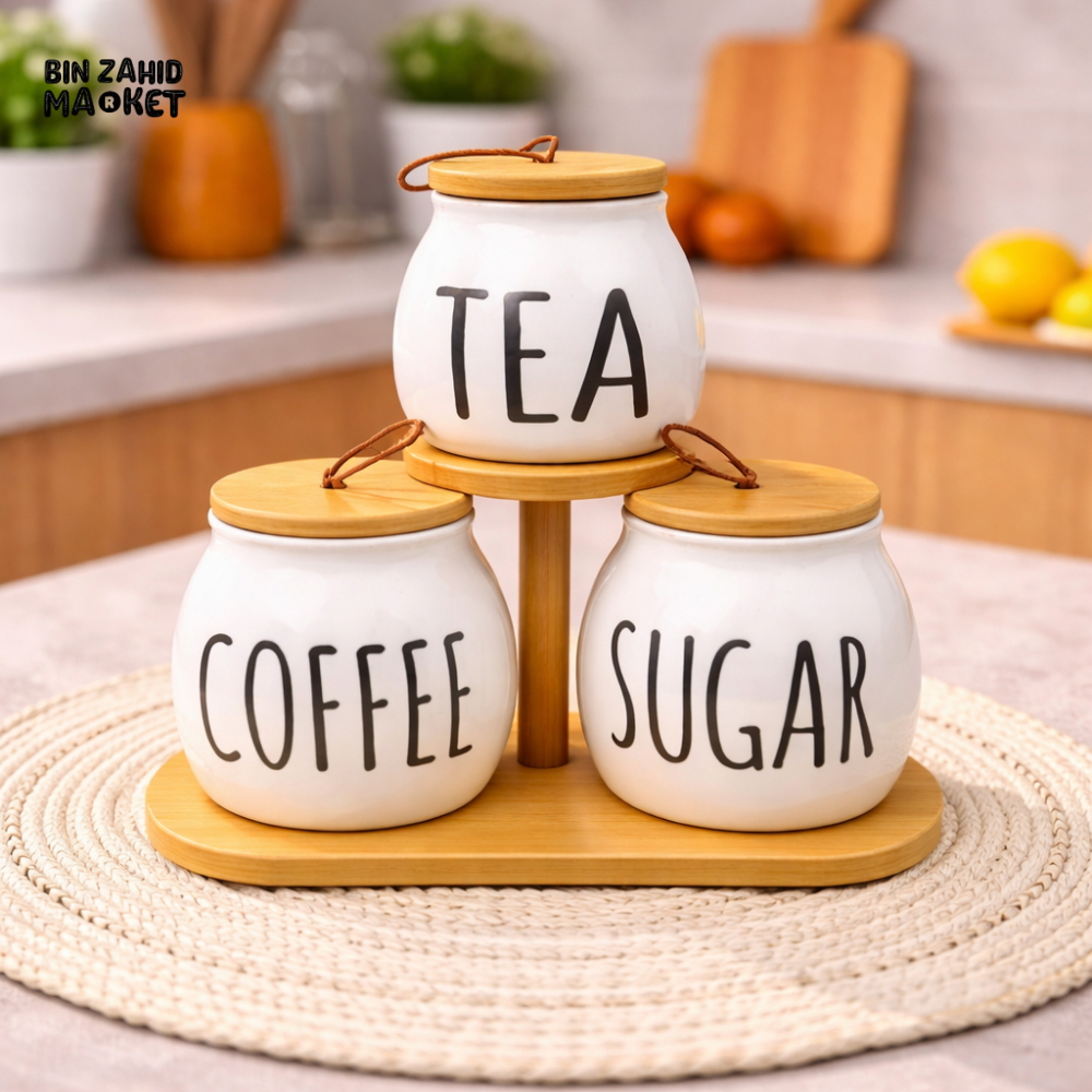CERALUXE CERAMIC 3IN1 TEA COFFEE SUGAR JAR SET WITH TIERED BAMBOO STAND