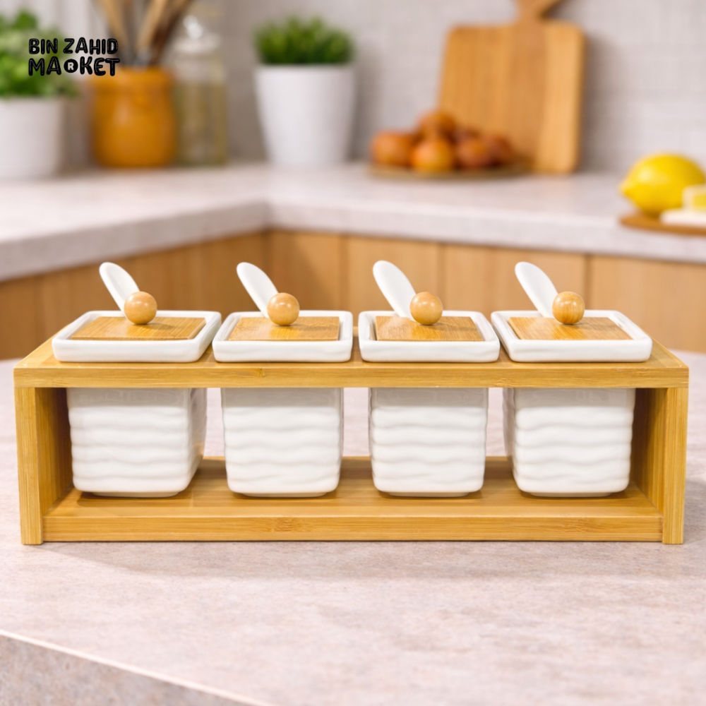 CERALUXE CERAMIC 4IN1 SPICE JAR SET WITH BAMBOO STAND
