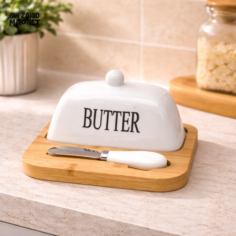 CERALUXE CERAMIC BUTTER DISH WITH BAMBOO BASE & KNIFE
