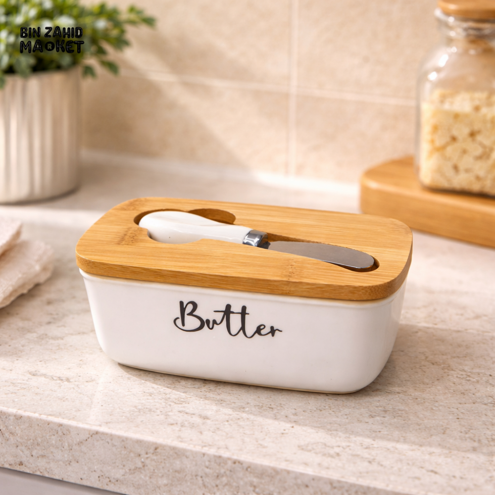 CERALUXE CERAMIC BUTTER DISH WITH BAMBOO LID & KNIFE