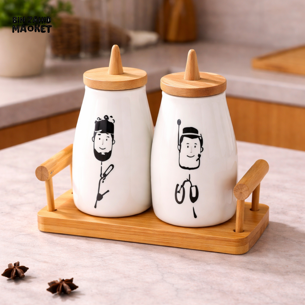 CERALUXE CERAMIC CHAI & SHAKAR DISPENSER SET WITH BAMBOO TRAY (URDU EDITION)