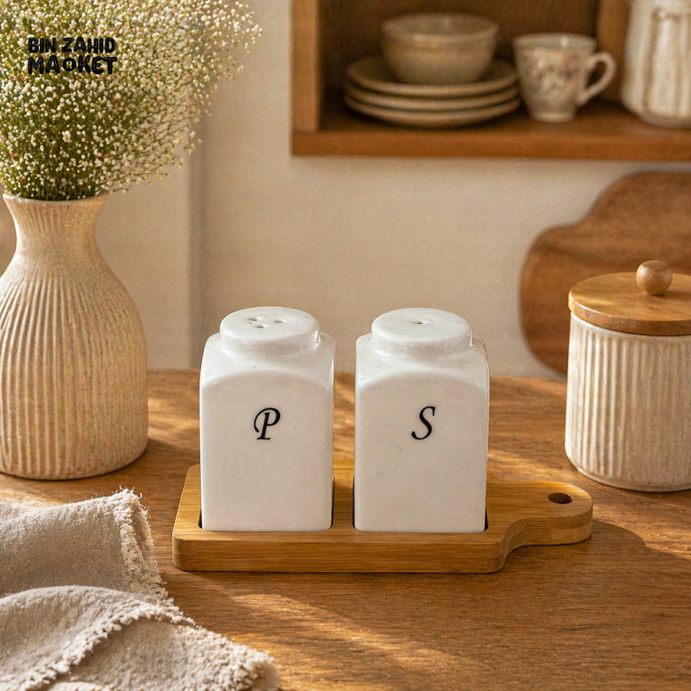 CERALUXE CERAMIC SALT & PEPPER SHAKER SET WITH BAMBOO TRAY