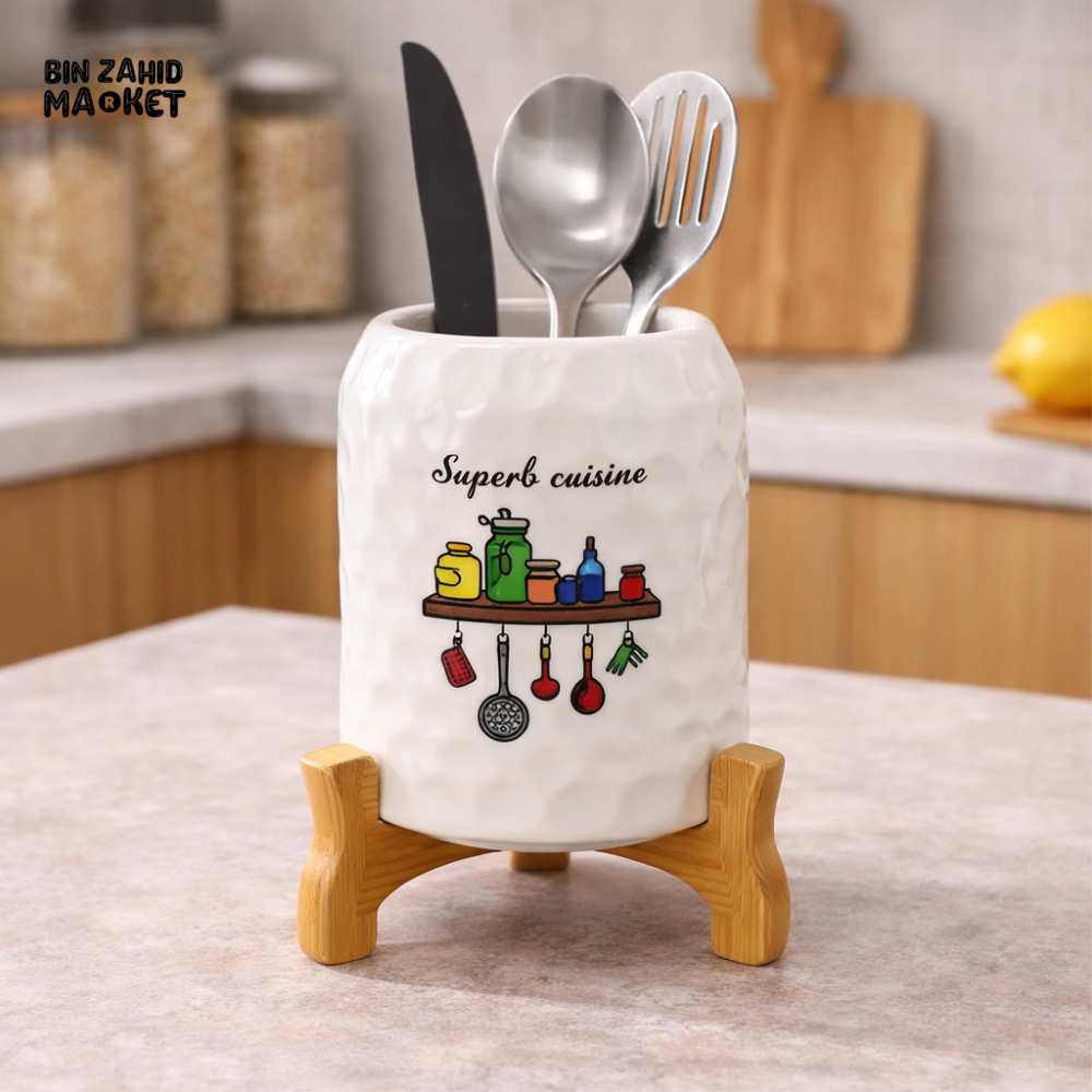 CERALUXE CERAMIC SPOON & UTENSIL HOLDER WITH WOODEN STAND