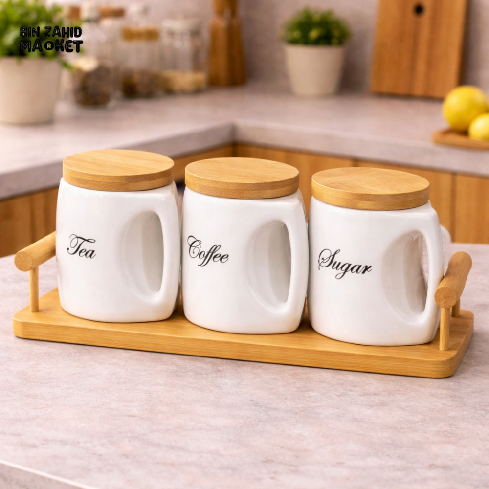 CERALUXE CERAMIC TEA COFFEE SUGAR JAR SET WITH HANDLE & BAMBOO TRAY