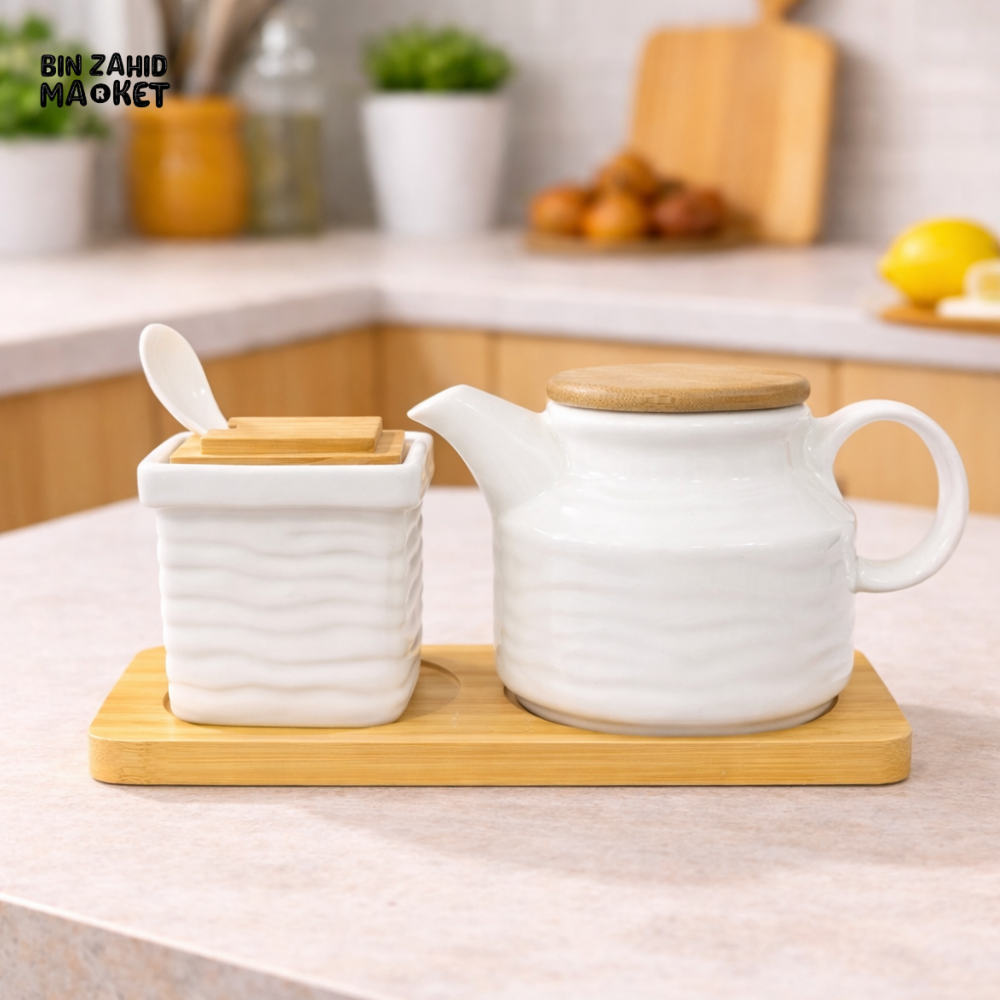 CERALUXE CERAMIC TEAPOT & SUGAR CONTAINER SET WITH BAMBOO BASE