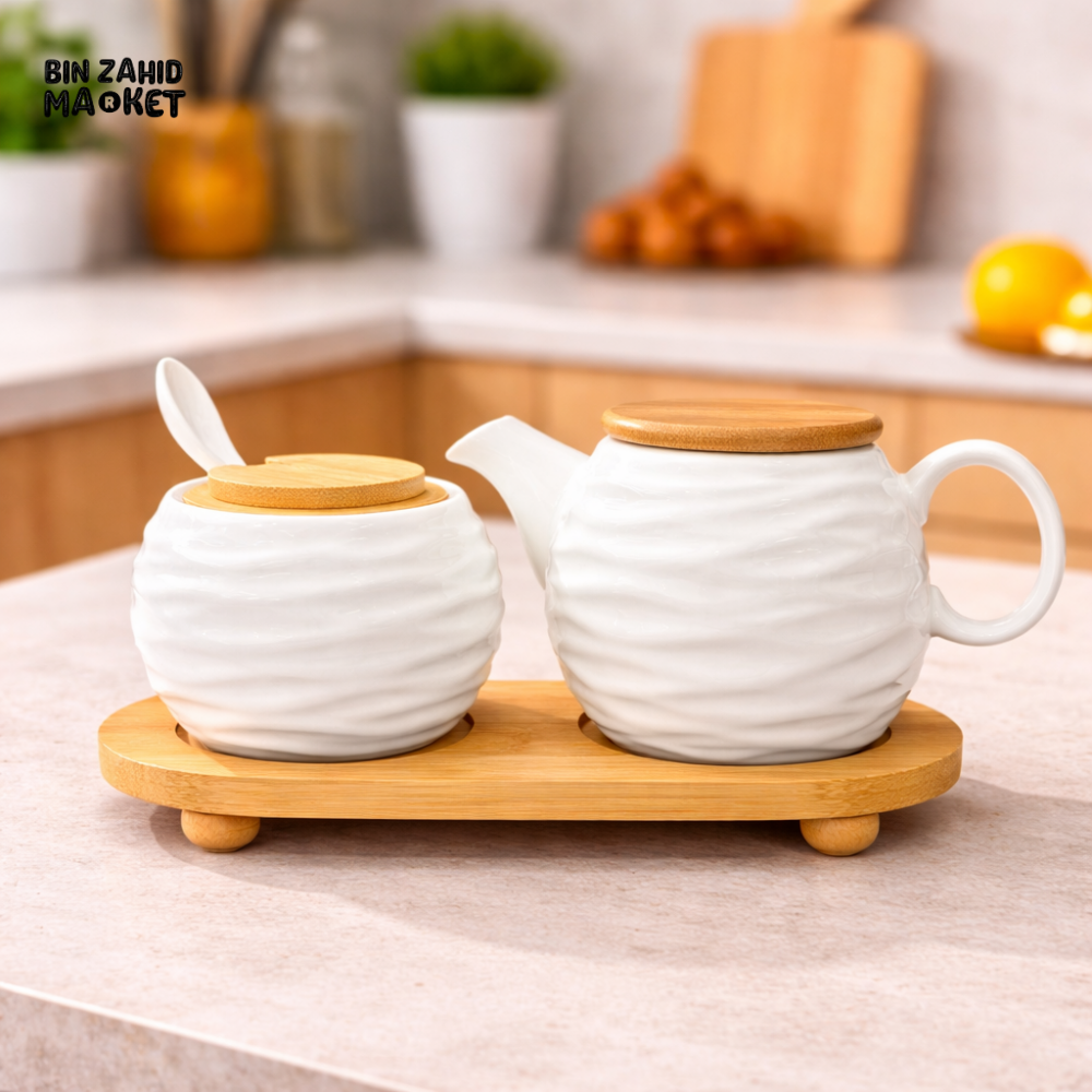 CERALUXE CERAMIC TEAPOT & SUGAR JAR SET WITH BAMBOO BASE