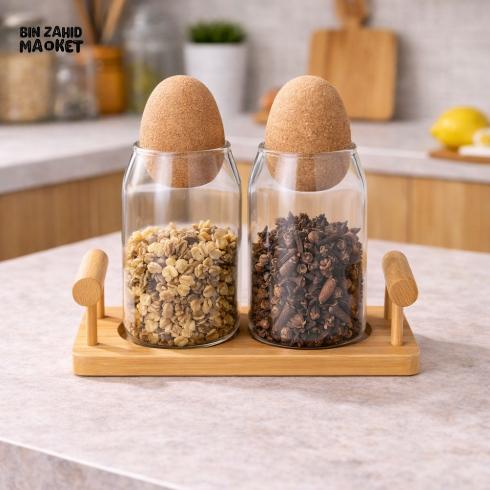 CERALUXE GLASS 2IN1 STORAGE JAR SET WITH CORK LIDS & WOODEN TRAY