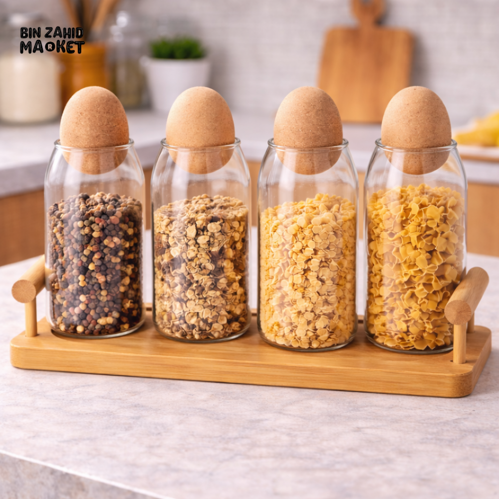 CERALUXE GLASS 4IN1 STORAGE JAR SET WITH CORK LIDS & WOODEN TRAY