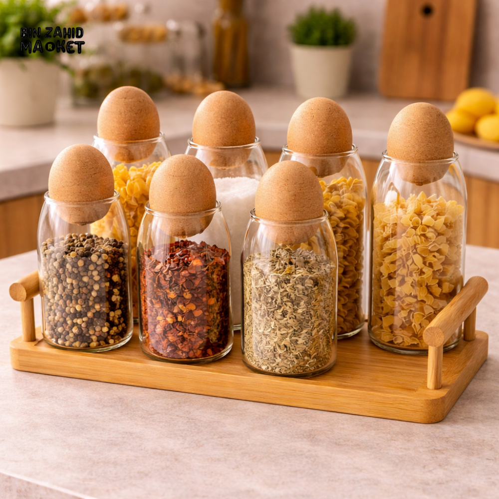 CERALUXE GLASS 6IN1 STORAGE JAR SET WITH CORK LIDS & WOODEN TRAY
