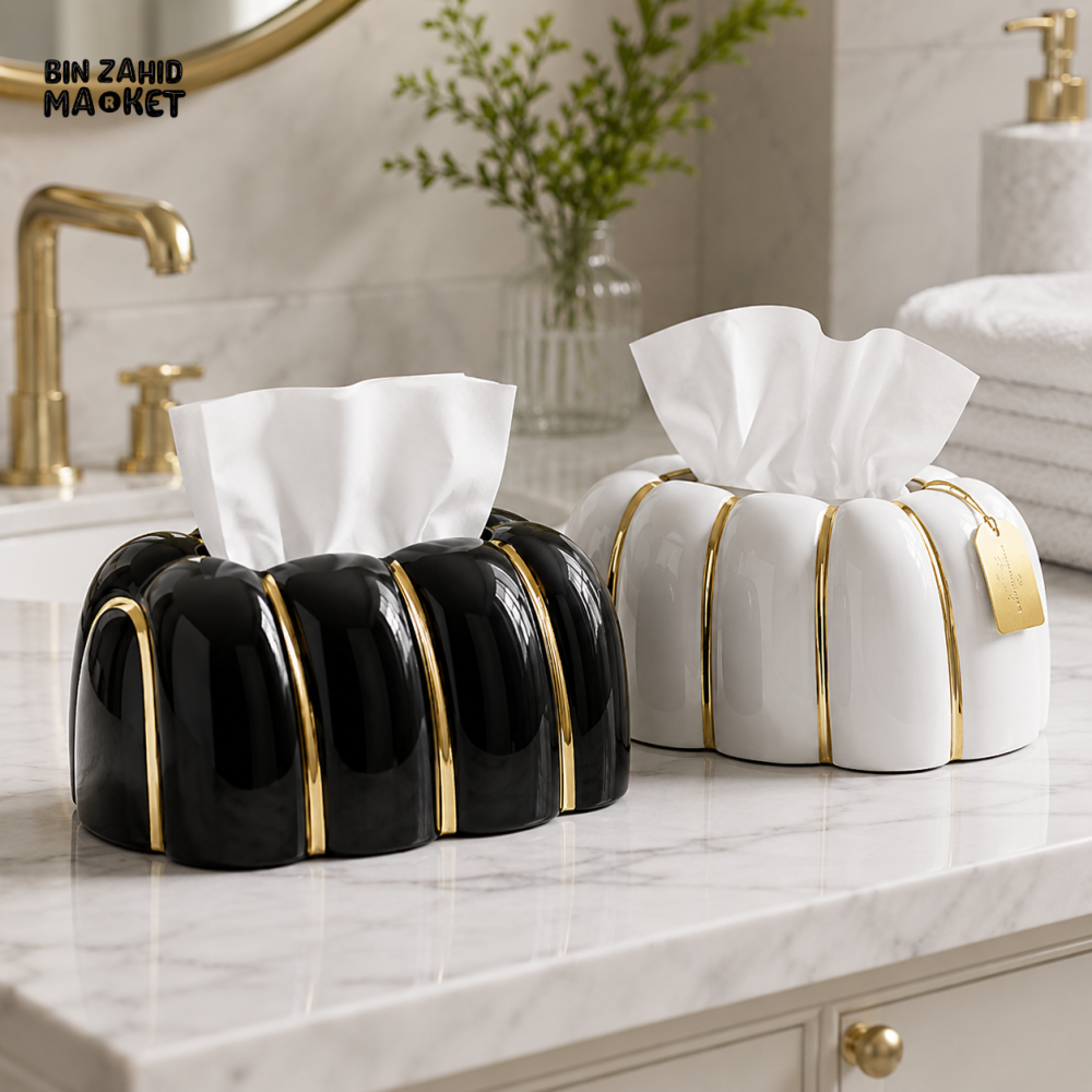LUXURY RIBBED TISSUE BOX HOLDER SET - BLACK & WHITE