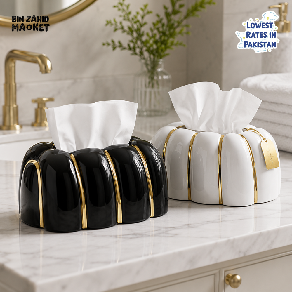 LUXURY RIBBED TISSUE BOX HOLDER SET - BLACK & WHITE