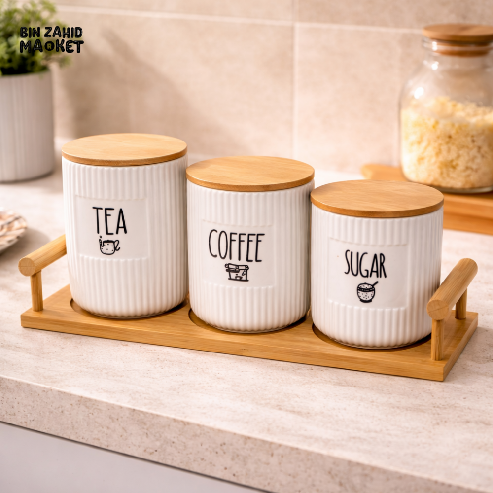 CERALUXE TEA COFFEE SUGAR STORAGE JAR SET WITH BAMBOO TRAY