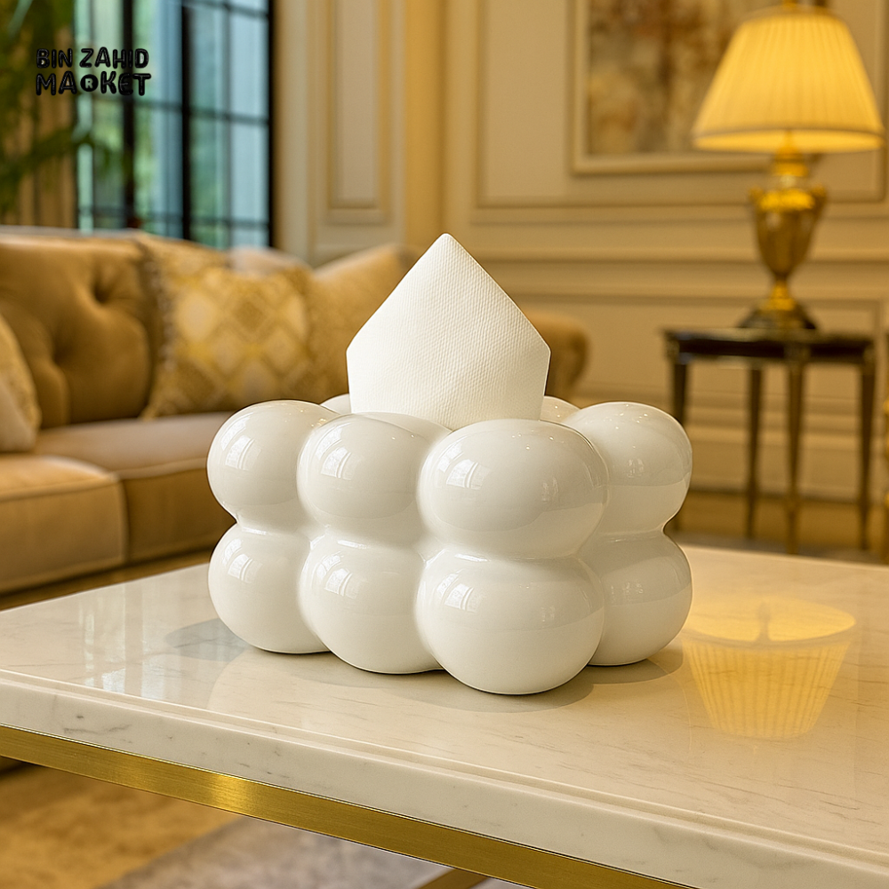 CERAMIC BUBBLE DESIGN TISSUE BOX HOLDER – LUXURY VILLA TABLETOP DECOR - WHITE