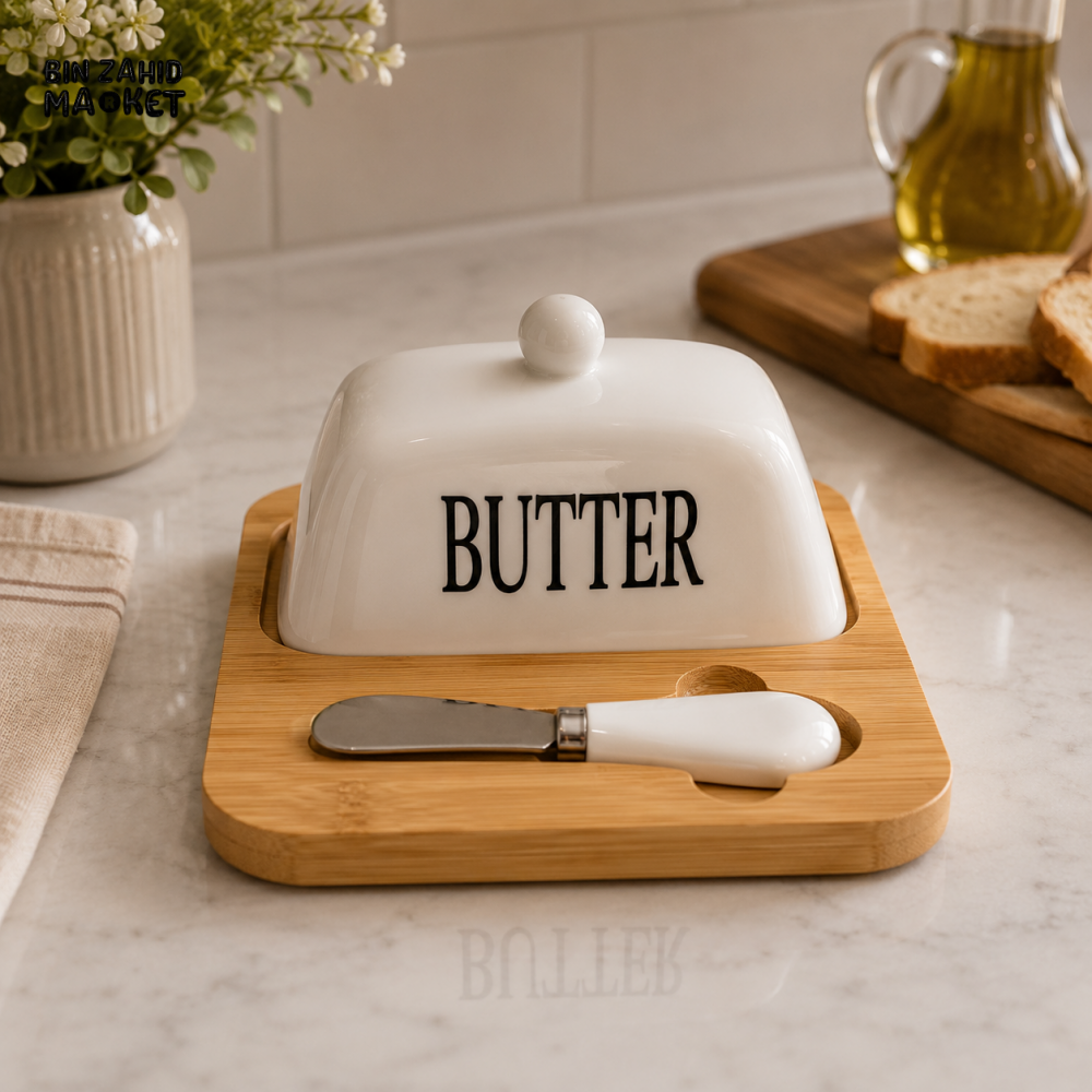 CERAMIC BUTTER DISH WITH BAMBOO BASE