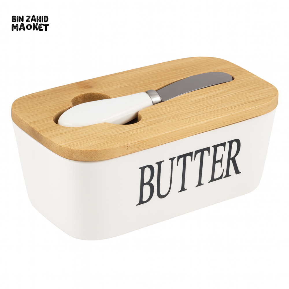 Ceramic Butter Dish with Bamboo Lid and Knife