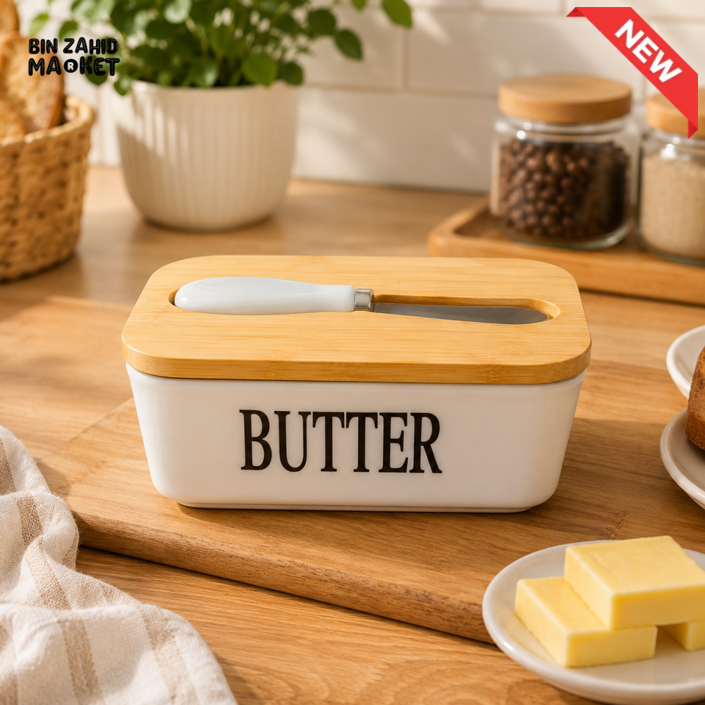 CERAMIC BUTTER DISH WITH BAMBOO LID & KNIFE - SQUARE